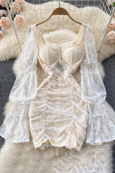 Elegantes Lace Patchwork Lantern Long Sleeve Square Collar Femme Vestido See Through Dress